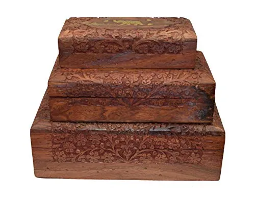 OM SHRI OM Set of 3 Handmade Wood Storage Jewelry Boxes Organizer Indian Artisans Handcrafted 3 Sizes Large Medium Small