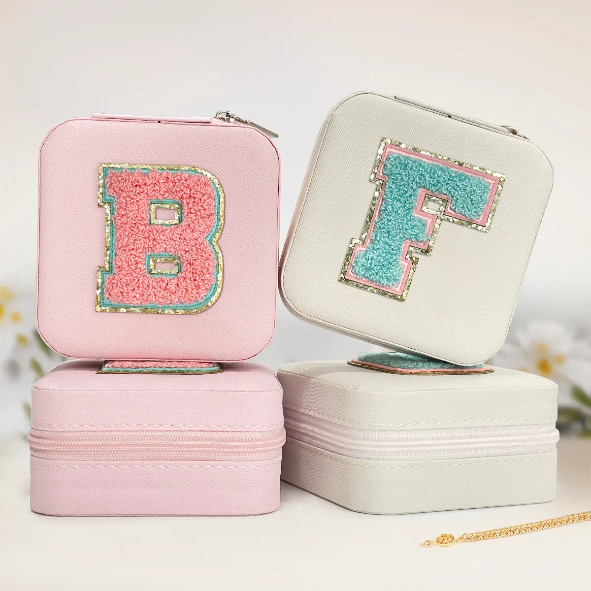 Personalized Jewelry Box, Pink Travel Jewelry Box with Initial F, Small Monogrammed Jewelry Case Organizer for Girls Women Teen Kids, Mini Travel Essentials Gifts for Birthday Christmas