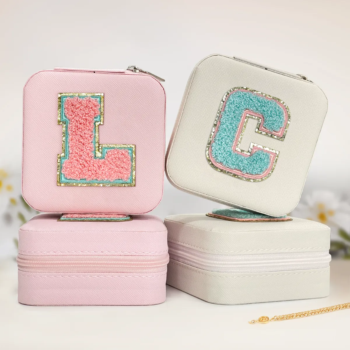 Personalized Jewelry Box, Pink Travel Jewelry Box with Initial L, Small Monogrammed Jewelry Case Organizer for Girls Women Teen Kids, Mini Travel Essentials Gifts for Birthday Christmas