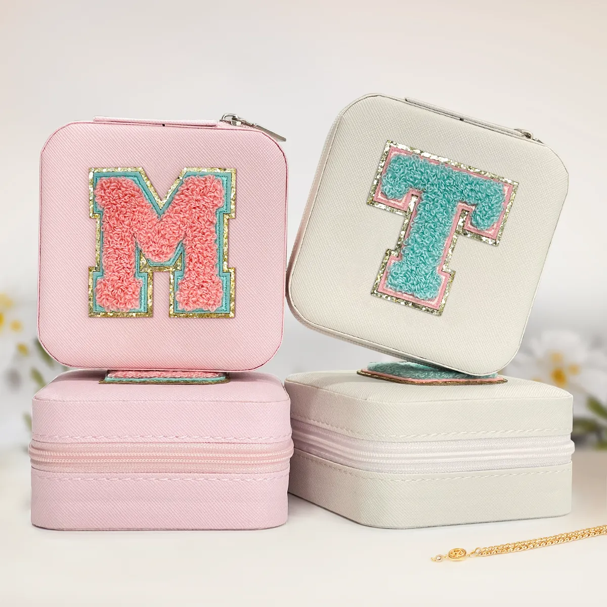 Personalized Jewelry Box, Pink Travel Jewelry Box with Initial M, Small Monogrammed Jewelry Case Organizer for Girls Women Teen Kids, Mini Travel Essentials Gifts for Birthday Christmas