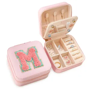 Personalized Jewelry Box, Pink Travel Jewelry Box with Initial M, Small Monogrammed Jewelry Case Organizer for Girls Women Teen Kids, Mini Travel Essentials Gifts for Birthday Christmas