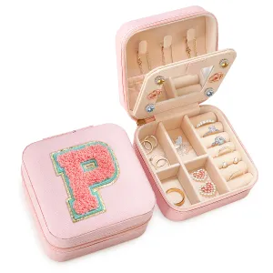Personalized Jewelry Box, Pink Travel Jewelry Box with Initial P, Small Monogrammed Jewelry Case Organizer for Girls Women Teen Kids, Mini Travel Essentials Gifts for Birthday Christmas