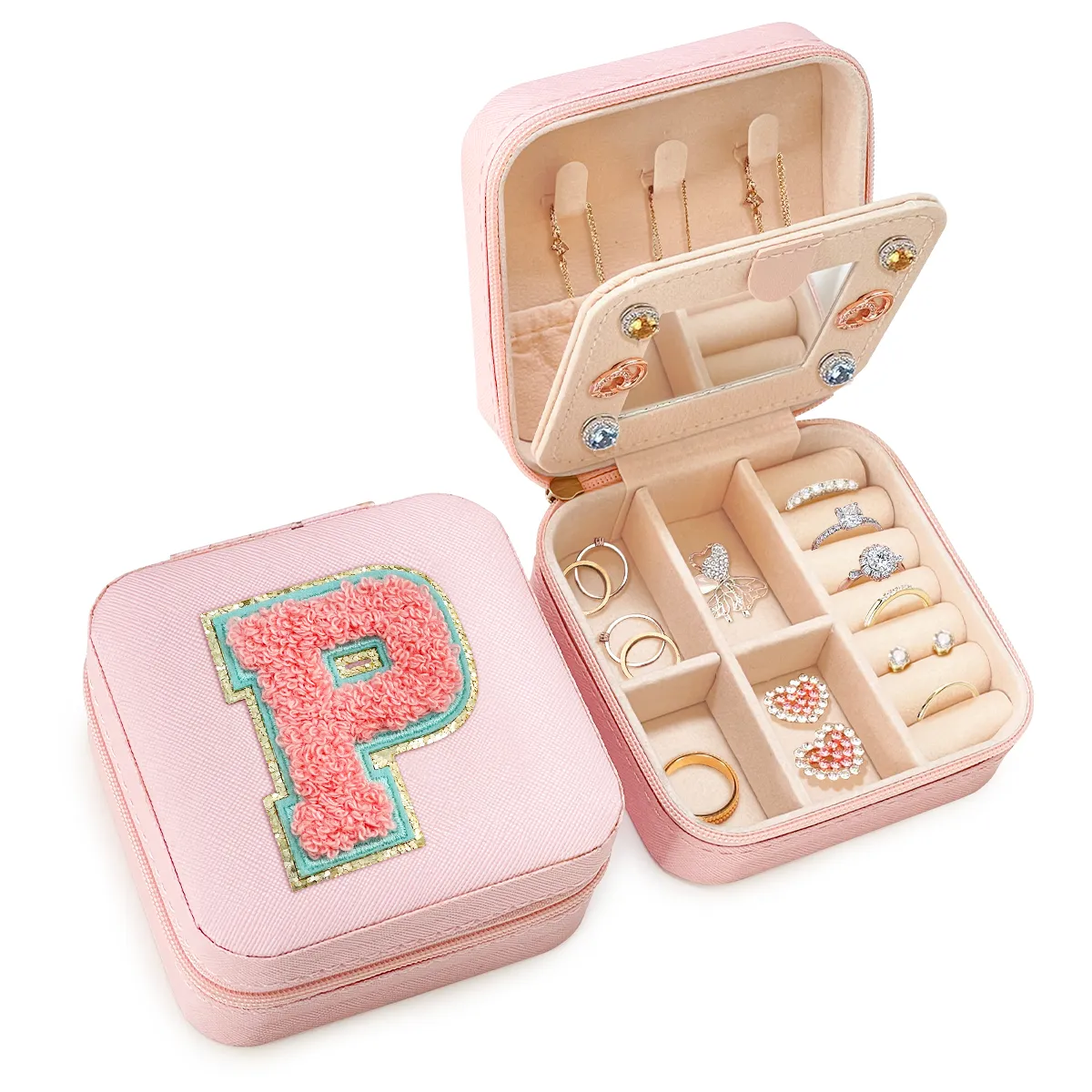 Personalized Jewelry Box, Pink Travel Jewelry Box with Initial P, Small Monogrammed Jewelry Case Organizer for Girls Women Teen Kids, Mini Travel Essentials Gifts for Birthday Christmas