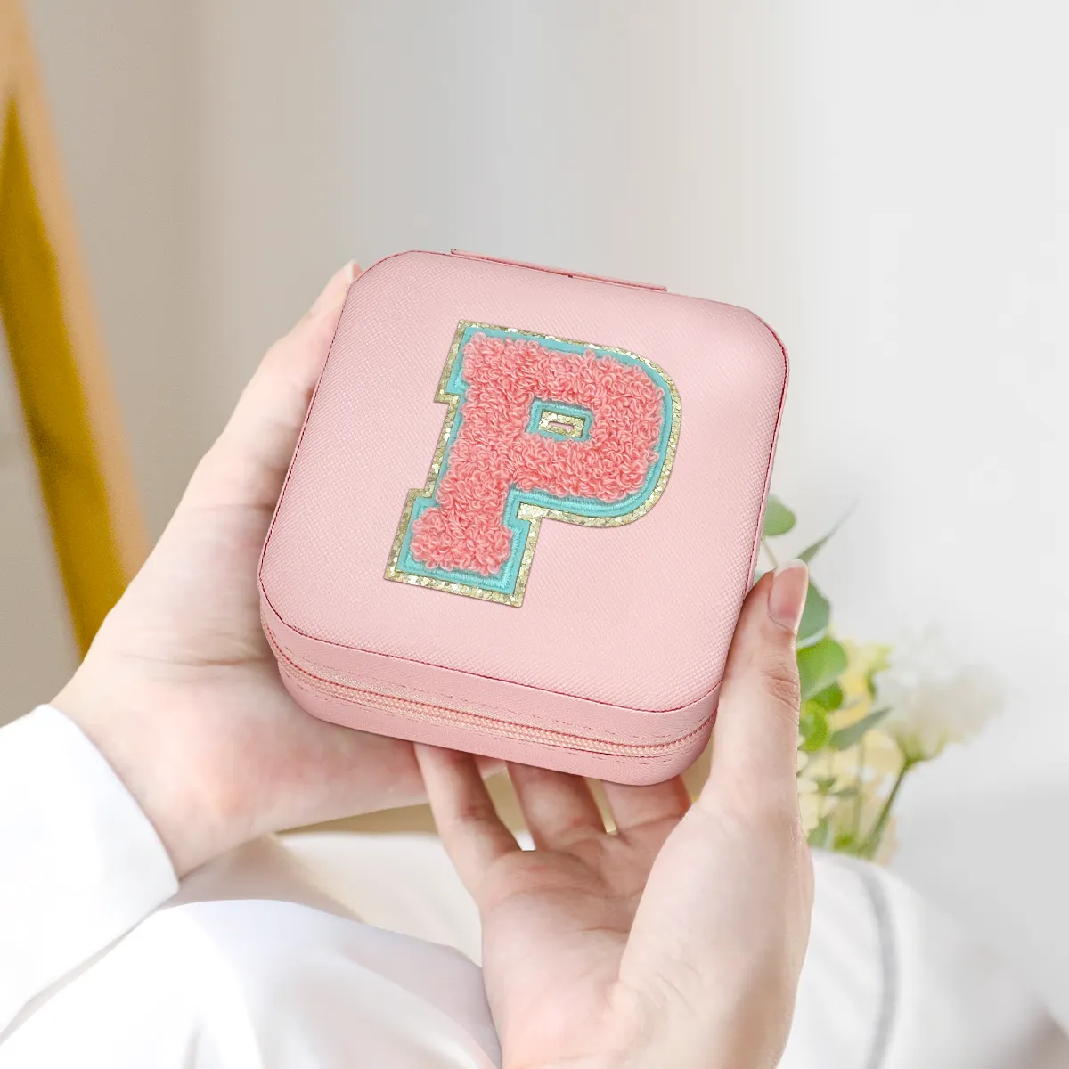 Personalized Jewelry Box, Pink Travel Jewelry Box with Initial P, Small Monogrammed Jewelry Case Organizer for Girls Women Teen Kids, Mini Travel Essentials Gifts for Birthday Christmas