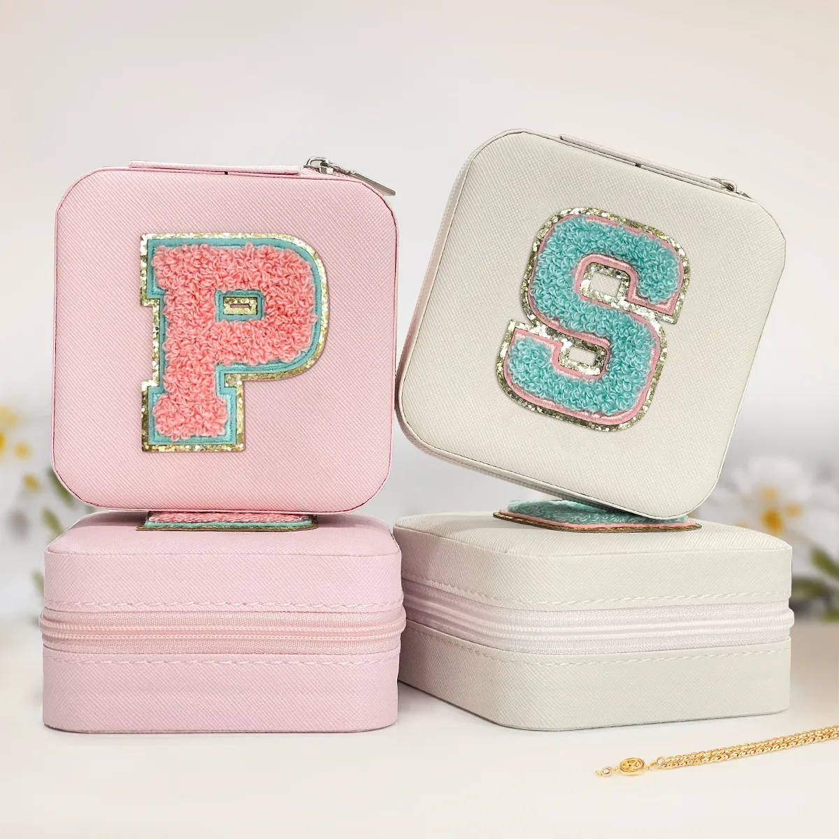 Personalized Jewelry Box, Pink Travel Jewelry Box with Initial P, Small Monogrammed Jewelry Case Organizer for Girls Women Teen Kids, Mini Travel Essentials Gifts for Birthday Christmas
