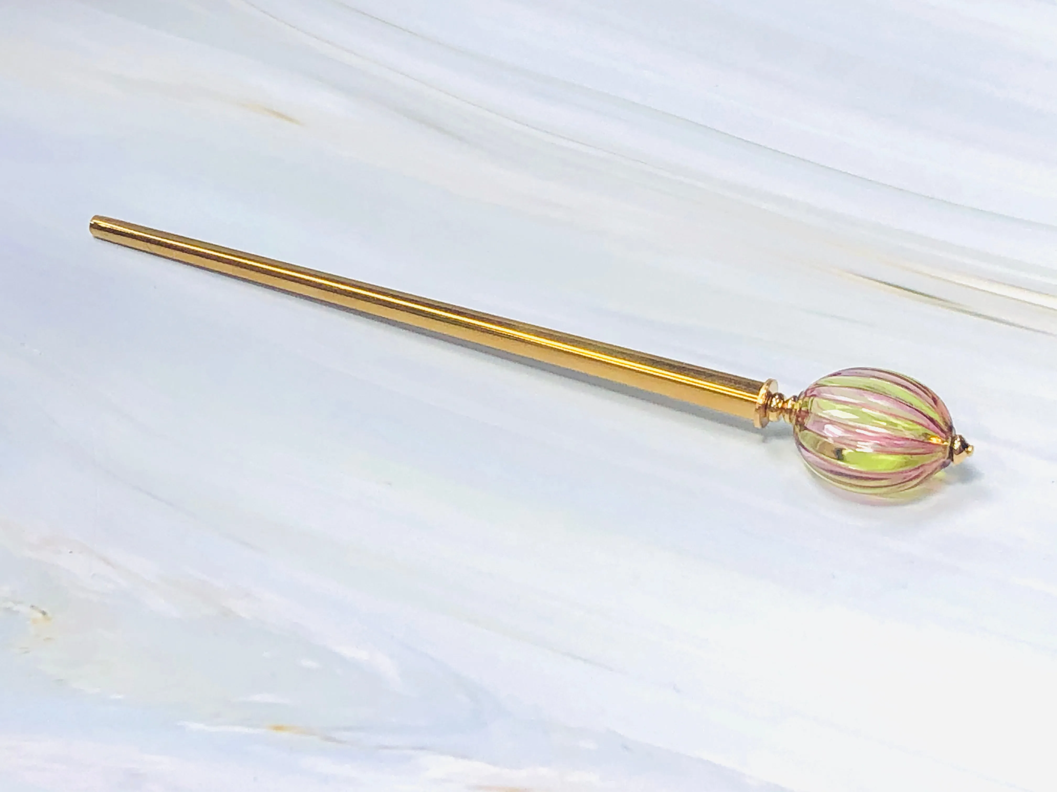 Pink and Green Blown Glass hair stick, hand made hair stick, shawl pin