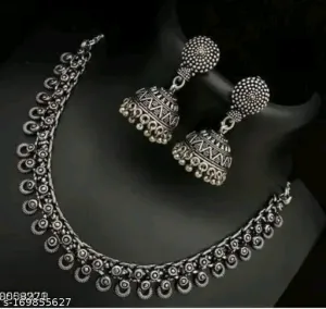 "Feminine Fusion Oxidised Silver Jewelry Set – Trendy Necklace & Earrings"