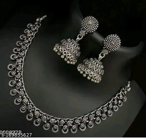 "Feminine Fusion Oxidised Silver Jewelry Set – Trendy Necklace & Earrings"