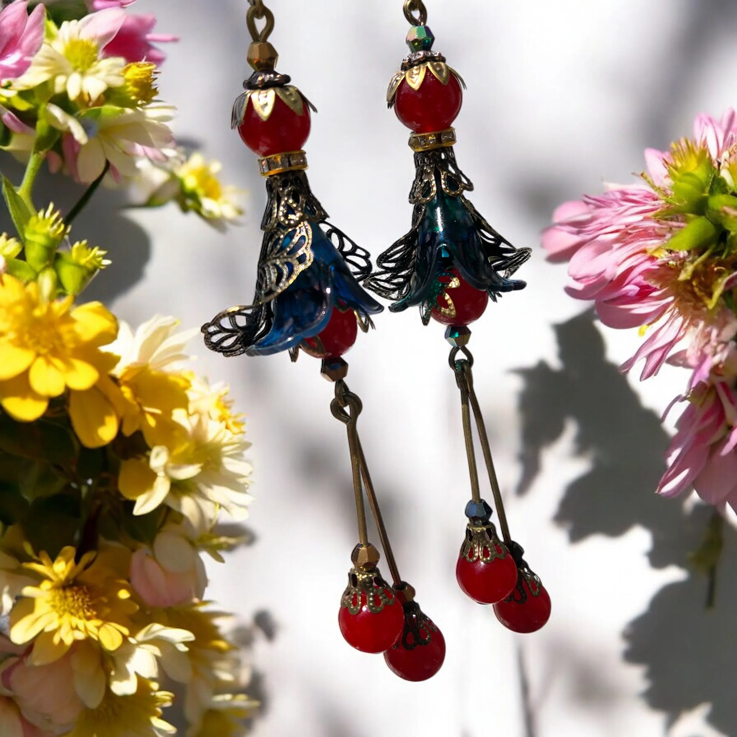 Red and Teal Bohemian Bloom Earrings