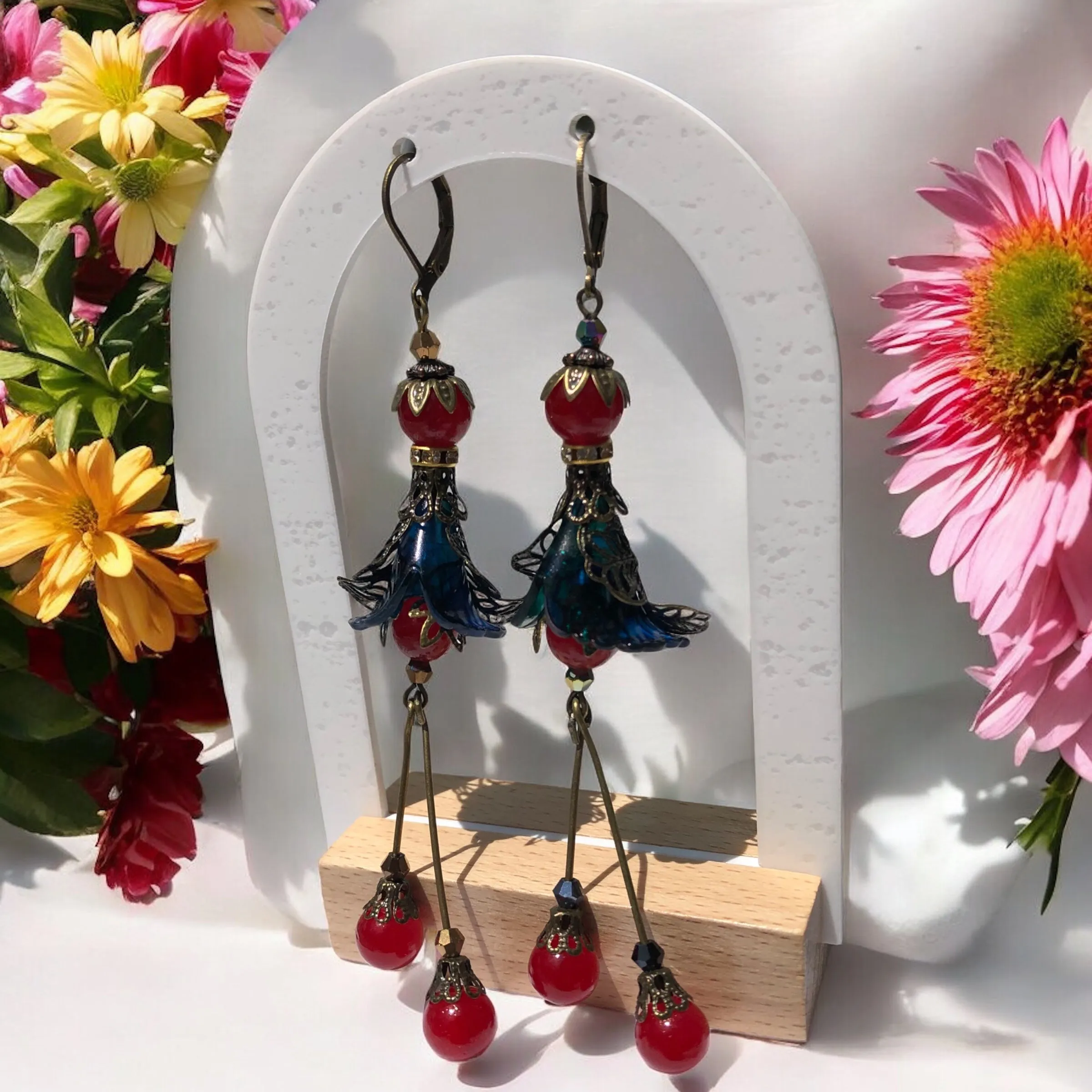 Red and Teal Bohemian Bloom Earrings