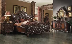 Regal European-Inspired Dark Brown PU & Cherry Oak King Bedroom Set