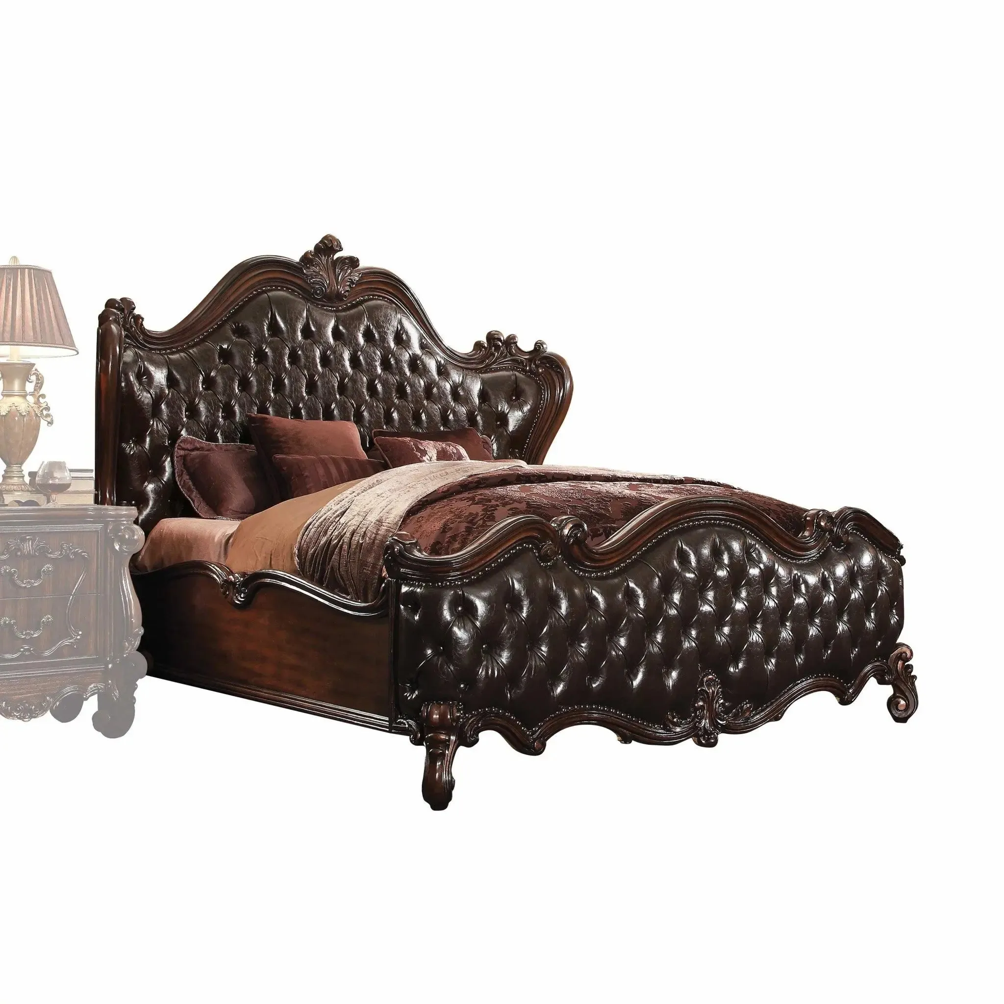 Regal European-Inspired Dark Brown PU & Cherry Oak King Bedroom Set
