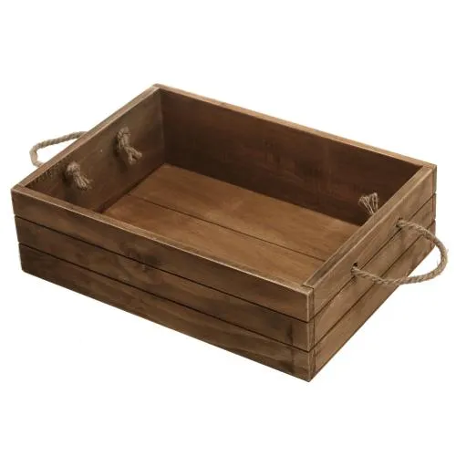 Rustic Brown Wood Storage Crate w/ Rope Handles
