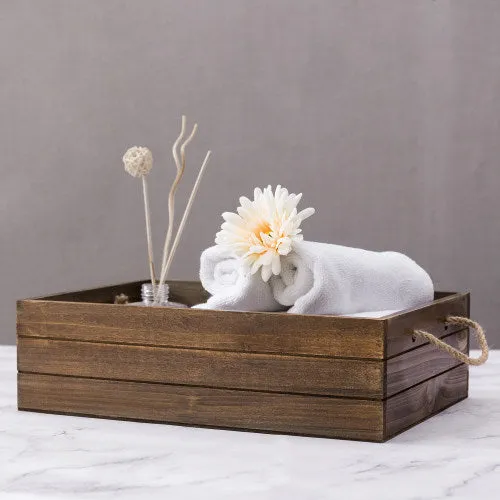 Rustic Brown Wood Storage Crate w/ Rope Handles