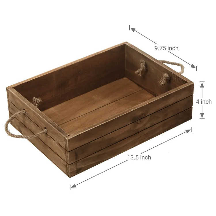 Rustic Brown Wood Storage Crate w/ Rope Handles