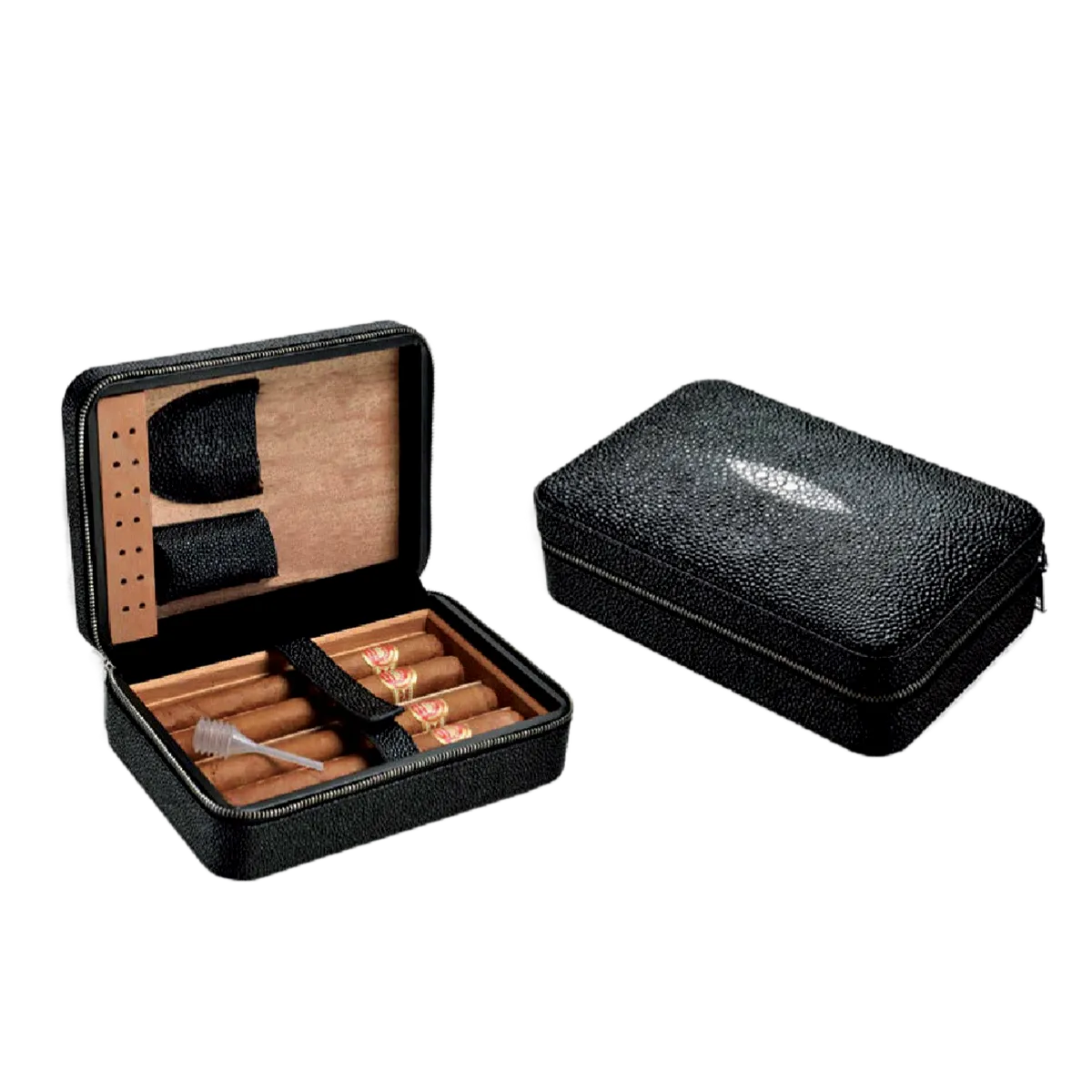 Shiny Black 4 Stick Travel Humidor Set With Cutter and Lighter