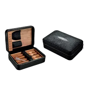 Shiny Black 4 Stick Travel Humidor Set With Cutter and Lighter