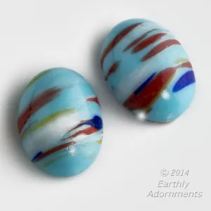 Sky Blue Cabochon with multi color striations, glass. 18x13mm. Japanese. Pkg 1. b5-916
