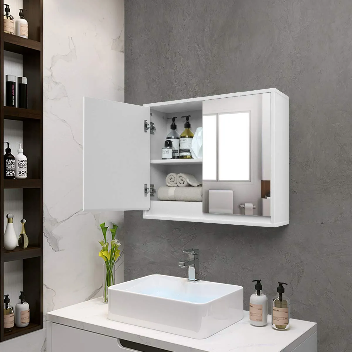 Tangkula Bathroom Medicine Cabinet, 2-Tier Wall-Mounted Storage Cabinet with Double Mirror Doors