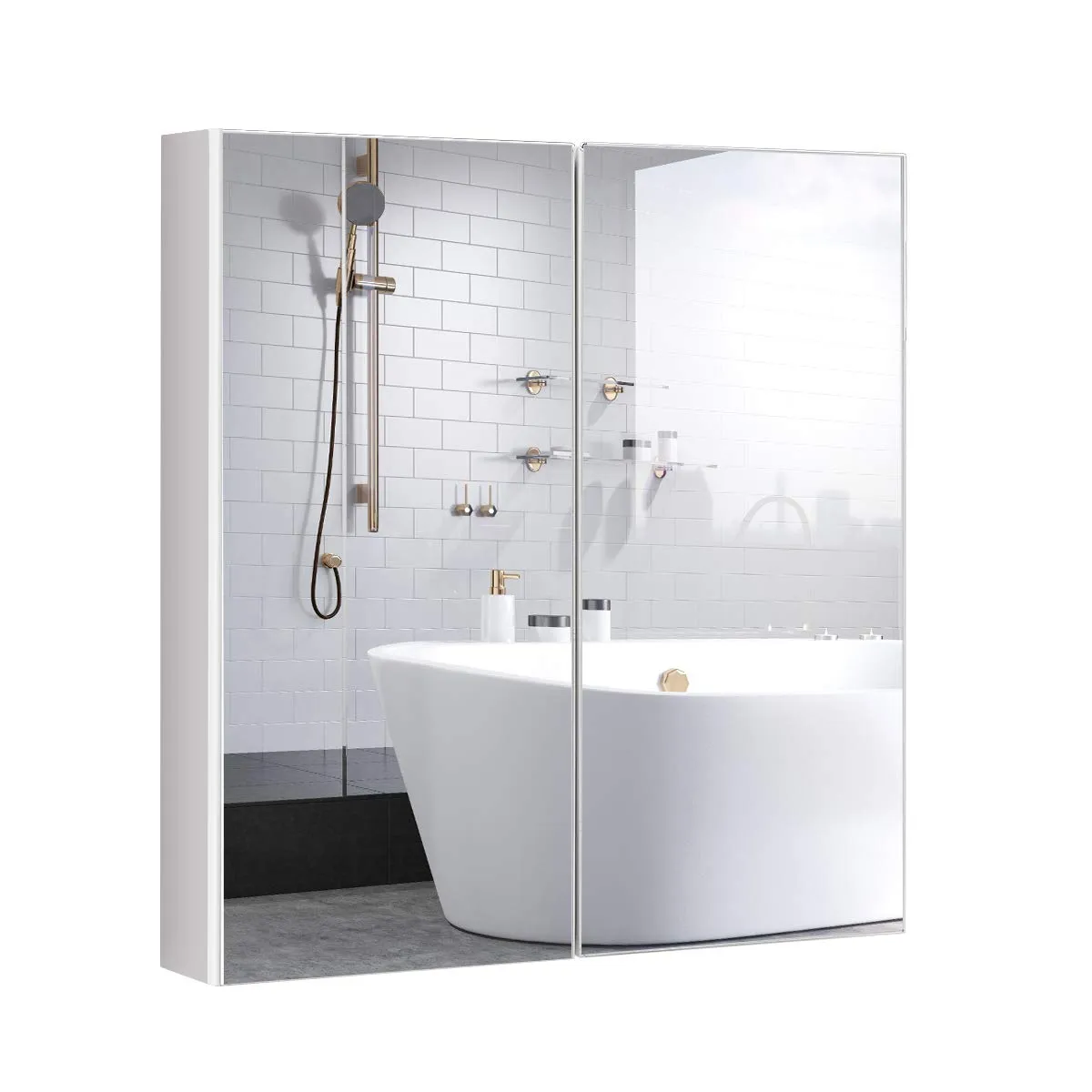 Tangkula Bathroom Medicine Cabinet, 2-Tier Wall-Mounted Storage Cabinet with Double Mirror Doors