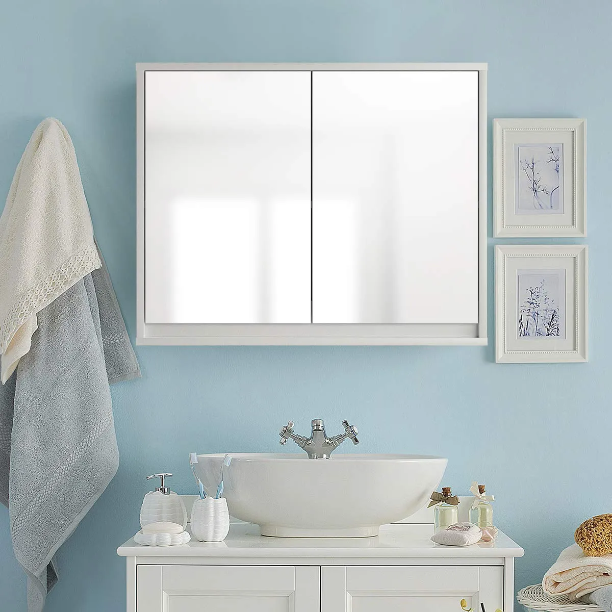 Tangkula Bathroom Medicine Cabinet, 2-Tier Wall-Mounted Storage Cabinet with Double Mirror Doors