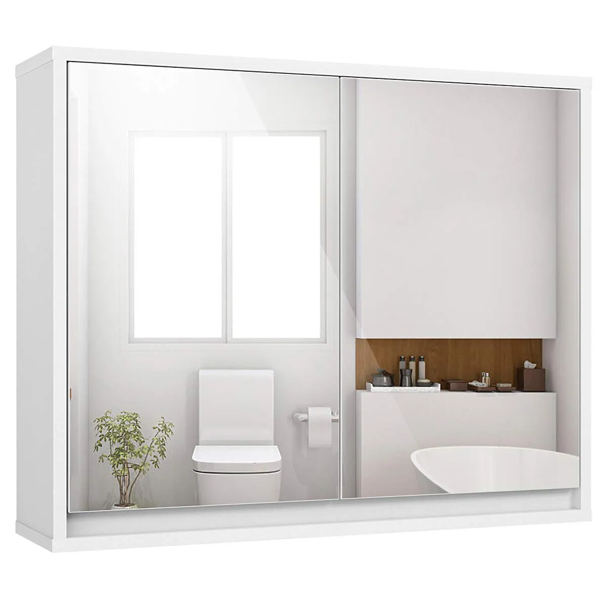 Tangkula Bathroom Medicine Cabinet, 2-Tier Wall-Mounted Storage Cabinet with Double Mirror Doors