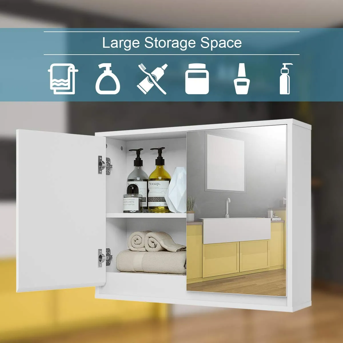 Tangkula Bathroom Medicine Cabinet, 2-Tier Wall-Mounted Storage Cabinet with Double Mirror Doors