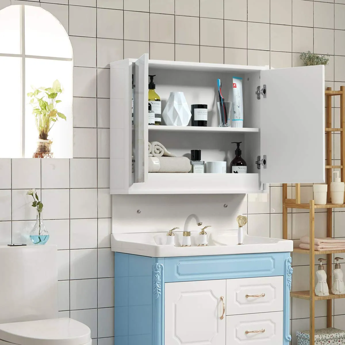 Tangkula Bathroom Medicine Cabinet, 2-Tier Wall-Mounted Storage Cabinet with Double Mirror Doors