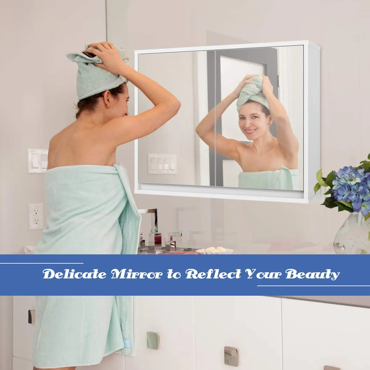 Tangkula Bathroom Medicine Cabinet, 2-Tier Wall-Mounted Storage Cabinet with Double Mirror Doors