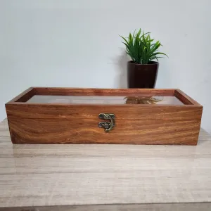 Wooden Spice Storage Box with Spoon & a Glass Top- 4 Large Compartments